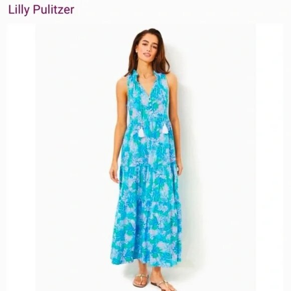 Lilly Pulitzer Las Olas Aqua Strong Current Sea Malone Maxi Dress Sz Large EUC - Picture 1 of 10